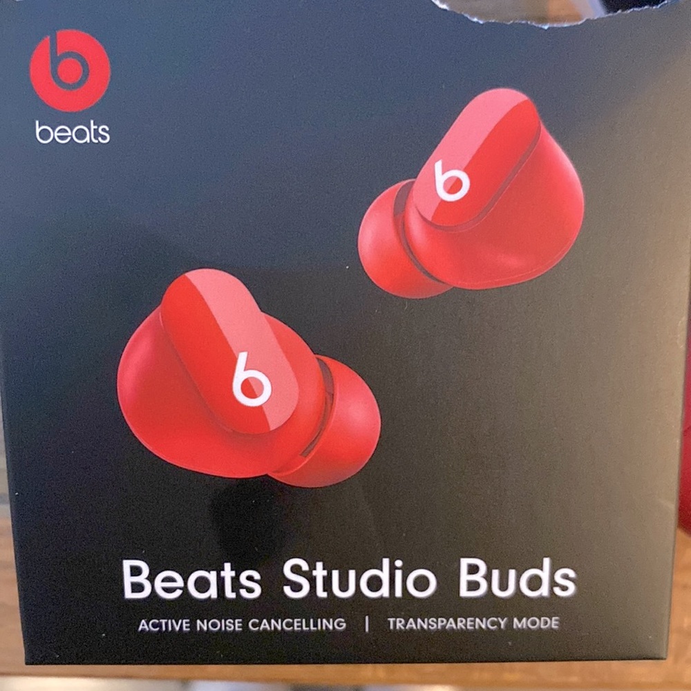 Red Beats Studio Buds with charging cable and 3+free months Apple Music included